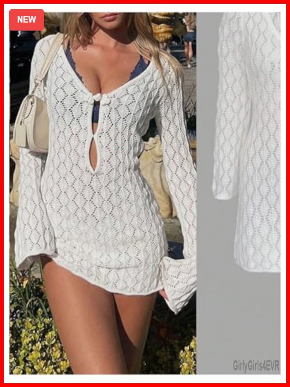 Crochet Cut Out Long Sleeve Cover Up Dress Beach Swimsuit Outfit - Picture 5 of 5